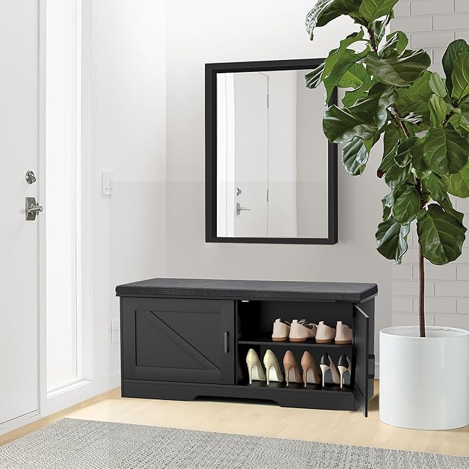 2-Tier Storage Bench, 39.4" Wide Shoe Bench with Padded Seat Cushion, Entryway Bench with 2 Barn Doors and Adjustable Shelf, Black