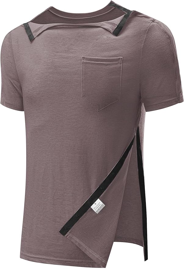 Poriff Men's Post Shoulder Surgery Recovery Shirts Full Tear Away Short Sleeve Snap Chemo Port Access Shirt