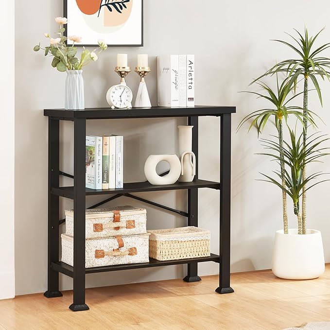 HOMBAZAAR 3 Tier Bookshelf,Black Industrial Book Shelf,Engineered Wood and Metal Deep Bookcases,Low Shelf Bookcase for Living Room,Office,Bedroom and Kitchen