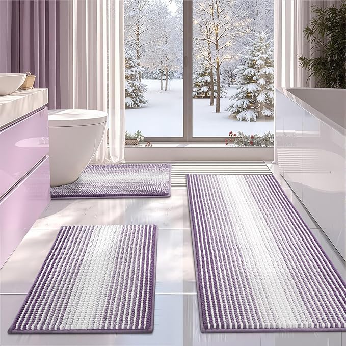 BSICPRO Bathroom Rugs Sets 3 Piece, Toilet Rugs U-Shaped Contour Bath Mat Set, Long Striped Absorbent Non Slip Chenille Shower Mat, Lavender Purple