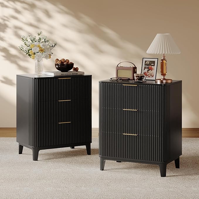 3 Drawer Nightstands Set of 2, 22.6" Mid Century Modern Night Stand, Large 3 Drawers Bedside Table with Quiet Drawers & Metal Handles, Fluted 3-Drawer Dresser Rustic Wood End Table Bedroom Black