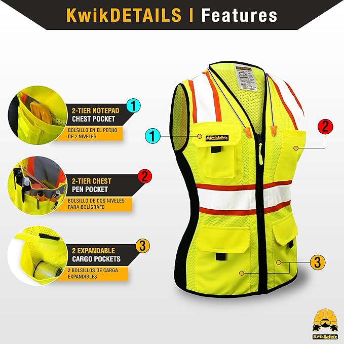 KwikSafety - Charlotte, NC - FIRST LADY Safety Vest for Women, High Visibility Reflective Strips, Meets ANSI & OSHA