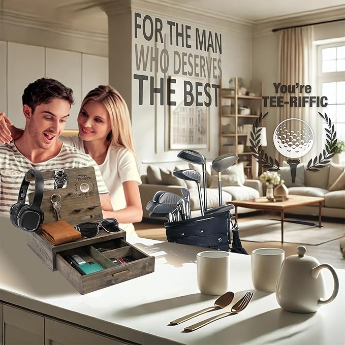 Nightstand Organizer for Men- Bedside Table Organizer with Drawer for Cellphone, Watches, Sunglasses & Accessories- Makes an Ideal Gift for Dad, Grandpa or Golfer