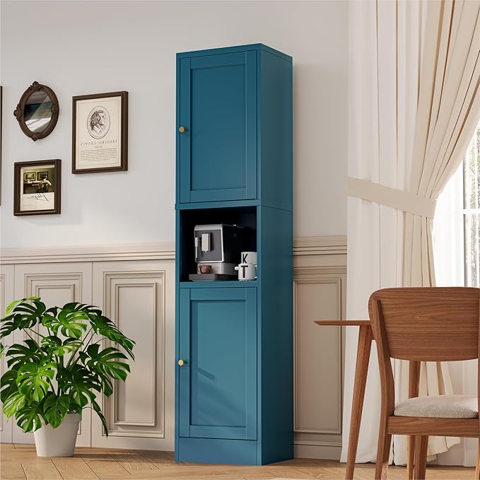 2-Door Metal Storage Cabinet, Tall Slim Pantry Organizer with 3 Adjustable Shelves (120LBS/Shelf), Anti-Tipping Waterproof Cabinet for Bathroom/Kitchen/Home Office/Small Spaces,(1PC,Blue)