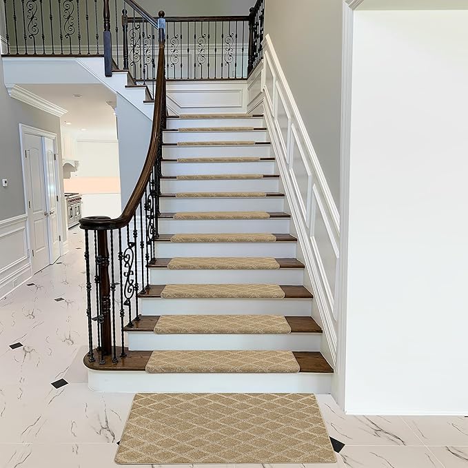 PURE ERA Bullnose Carpet Stair Treads Set Tape Free Non-Slip Indoor Stair Protectors Pet Friendly Rugs 9.5" x 30"(7 Pieces,Khaki Diamond Trellis)