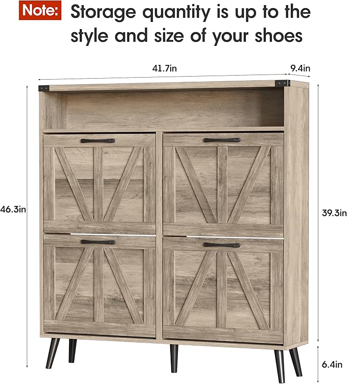 Shoe Cabinet with 4 Flip Drawers,Farmhouse Shoe Storage Cabinet for Entryway,Narrow Freestanding Organizer Rack with Open Shelves for Foyer,Hallway,Grey