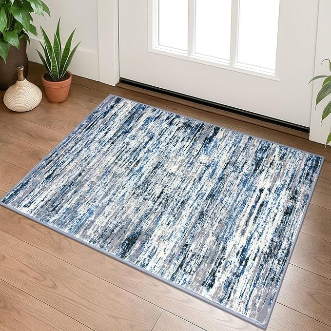 Modern Abstract Entryway Rug Indoor 2x3 Washable Rug Non-Slip Soft Small Area Rug Grey Blue White Kitchen Mats Thin Print Faux Wool Floor Carpet Throw Rugs for Entrance Bedroom Home Decor