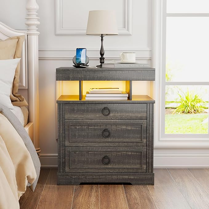 Gurexl Farmhouse Night Stand with Lockable Gun Drawer,LED Nightstand with Charging Station,Bedside Table with Human Sensor 3-Color Lights,End Table with 3 Drawers,Bedroom,Rustic