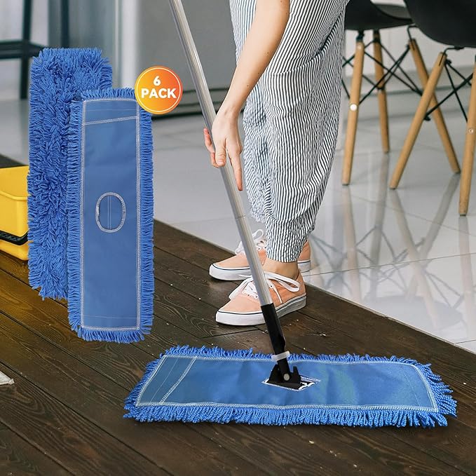 Commercial 36 Inch Dust Mop Head: Replacement Heavy-Duty Sweeper and Janitorial Industrial Dust Mop Head for Floor Cleaning, Office, School, Restaurant, Hospital (Blue - 6 Pack)