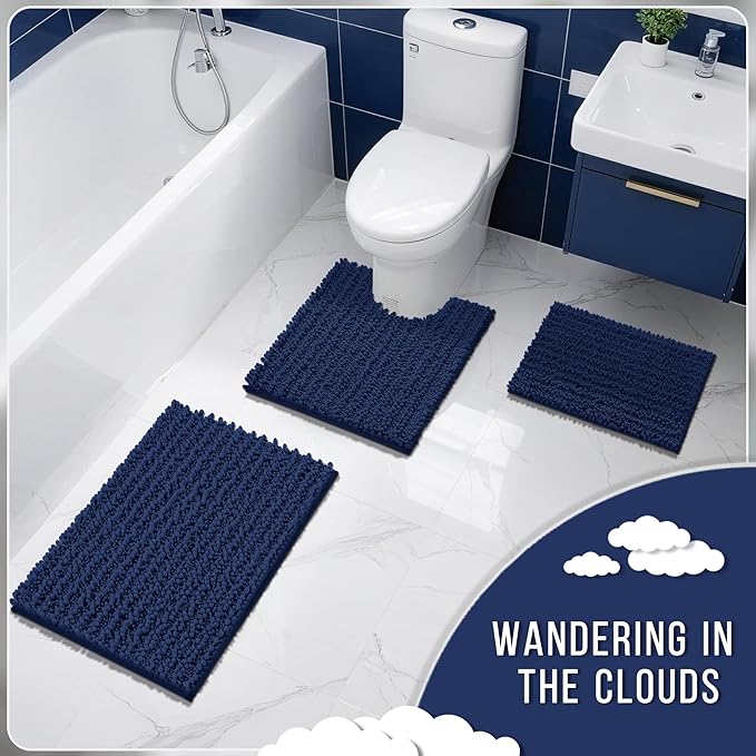 Yimobra Bathroom Rugs Non Slip Washable 32x20 Inch - Ultra Soft Absorbent Chenille Bath Mat, Quick Dry Shaggy Floor Carpet for Tub Shower, Navy Blue Home Decor Accessories