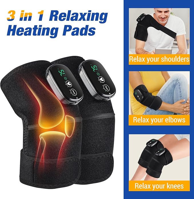 YUANBO Cordless Electric Heated Knee Massager, 3-in-1 Heated Knee Massager with Heat for Knee Elbow Shoulder Wrap with 3 Vibration & Heating Modes (2 Pack)