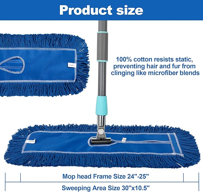 iDeaology 4 Pack - 24-Inch Washable Dust Mop Heads – Full Cloth, Extra Durable, Easy Button - No Clinging to Hair or Fur, Easy to Use Replacement for Commercial and Home Cleaning