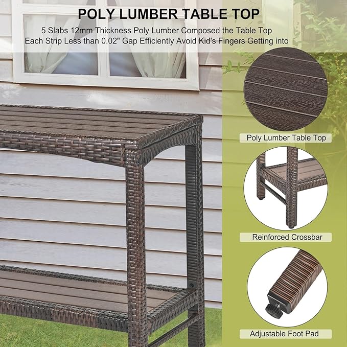 Outdoor Console Table Patio Buffet Bar Storage Organizer 45" Long Wicker Sofa Serving Sideboard Table 2-Shelf Outdoor Bar Table Tall Rectangle Narrow with Adjustable Feet for Entryway Balcony Brown