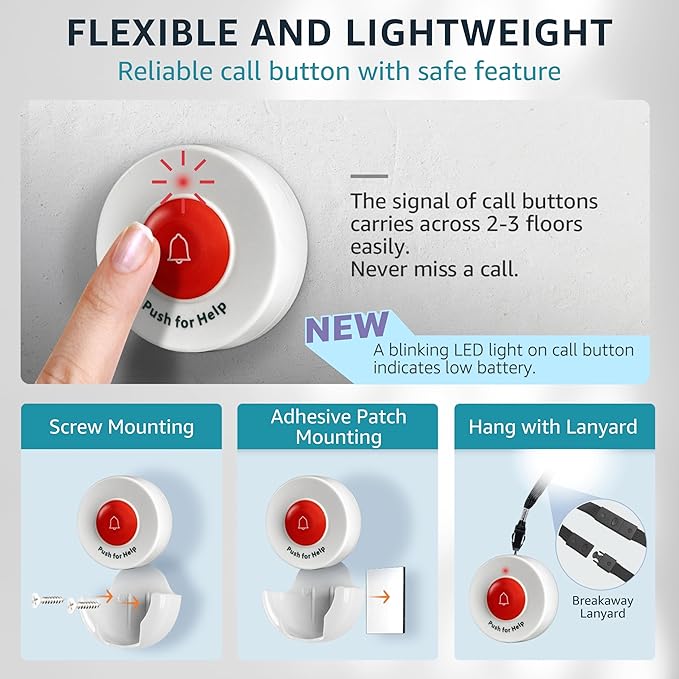 Caregiver Pager Wireless Call Buttons for Elderly Monitoring SOS Alert System Portable Alarm for Nurse Call Seniors Patients Emergency Home