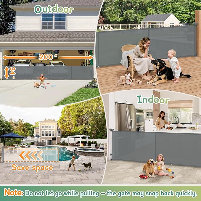 200'' Retractable Baby Gates Extra Wide,34" Tall Retractable Dog Gate for Doorways, Stairs, Hallways, Decks, Garage,16 FT Indoor/Outdoor Grey Retractable Gate with Fiberglass Reinforcement Rods