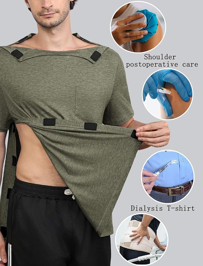 Deyeek Shoulder Post Surgery Recovery Shirts for Men Full Tear Away Short Sleeve T Shirt Adaptive Chemo Clothing