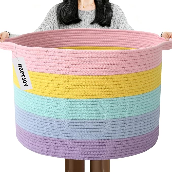 Large Storage Basket with Handle,19.7" L x 19.7" W x 13" H Blanket Basket Storage Bins for Organizing,65L Cotton Rope Woven Baskets for Living Room, Nursery ,Bedroom,Colorful
