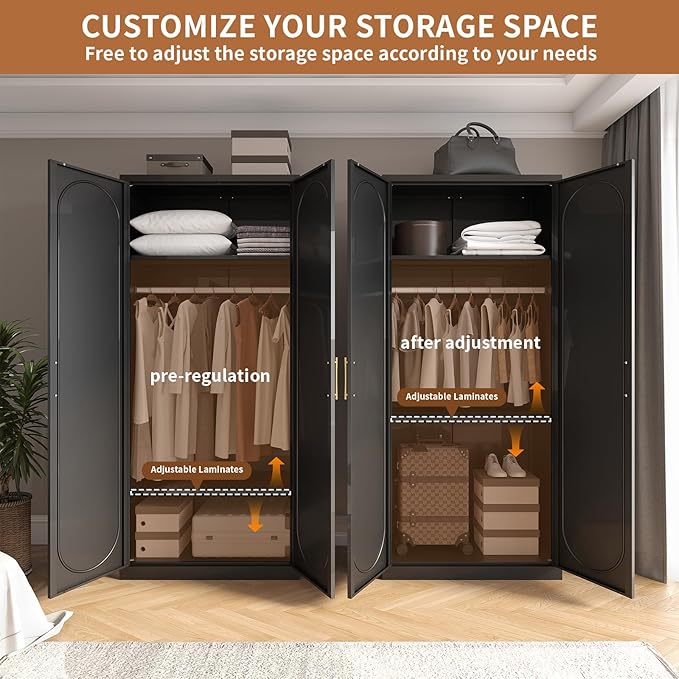 Metal Armoire Wardrobe Closet with Doors and Shelves, 71" Tall Wardrobe Closet with Hanging Rod, Freestanding Clothes Cabinets, Large Wardrobes for Bedroom, Home Office, Employee, Black