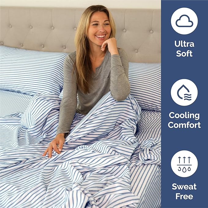 Split King 7 Piece Sheet Set - Cooling & Breathable Bed Sheets - Hotel Luxury Bed Sheets for Women, Men, Kids & Teens - Deep Pockets - Easy Fit - Soft & Wrinkle Free - Split King Blue Stripes Sheets