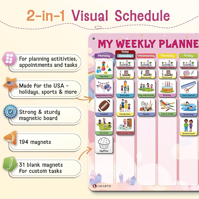 Visual Schedule for Kids - 2-in-1 Weekly + Daily Schedule - Magnetic Schedule with 194 Magnets and Magnetic Backing - Chore Chart Kids - Routine Chart for Toddlers, Autism, ADHD - Pink