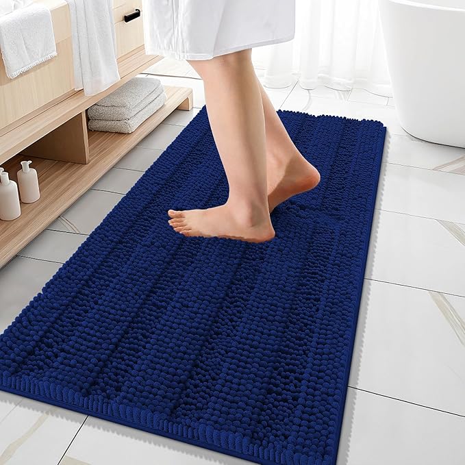 OLANLY Thick Bathroom Rugs 47x20, Extra Soft Absorbent Chenille Striped Bath Rugs, Rubber Backing, Machine Wash Dry, Bath Mats for Bathroom Floor, Tub and Shower, Home Decor Accessories, Navy