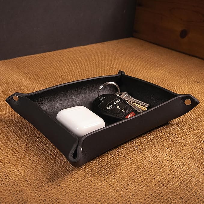 Valet Tray – Full-Grain Leather Catchall Organizer for Keys, Phone & Wallet – Rustic Nightstand & Desk Tray with Raised Sides – Handmade in USA (Black, Small Rectangle)