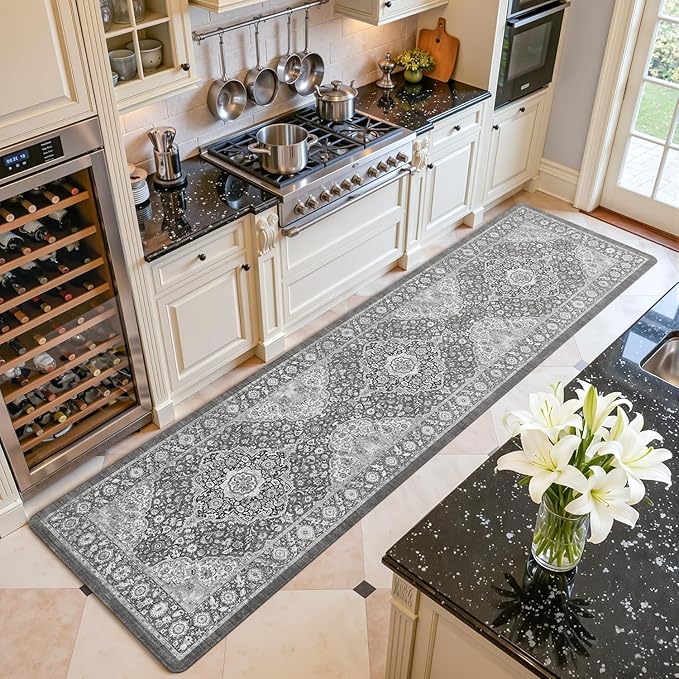 Color&Geometry Anti Fatigue Kitchen Mats for Floor 24x87, Vintage Decor, Easy Clean, Waterproof & Oil Proof, 0.4" Thick Cushioned, Non-Slip Kitchen Runner Rug for Sink, Laundry, Office, Grey