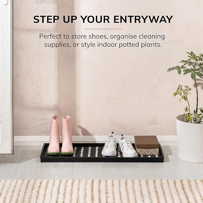 Anji Mountain Heavy Duty Waterproof Rubber Shoe Storage Mat Organizer/Boot Storage Tray Multi Use for Entryway with Coir, Gray and Ivory Insert, Fits 3 Pair (34.5" Wide)