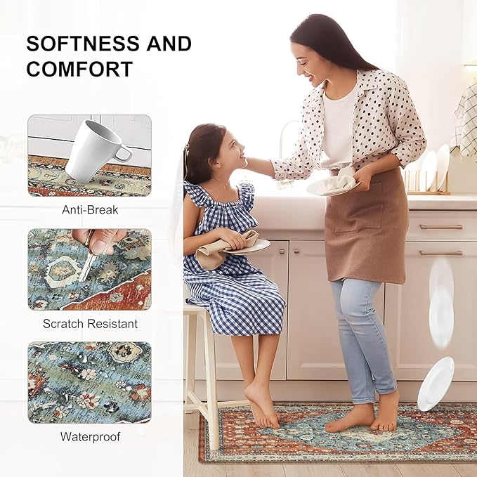 Collive Boho Kitchen Mats 2PCS, Cushioned Kitchen Mat for Floor Anti Fatigue Waterproof Kitchens Rugs Set of 2, Non Skid Comfort Standing Rug for Office, Sink, Laundry, 17"x30"+17"x47"
