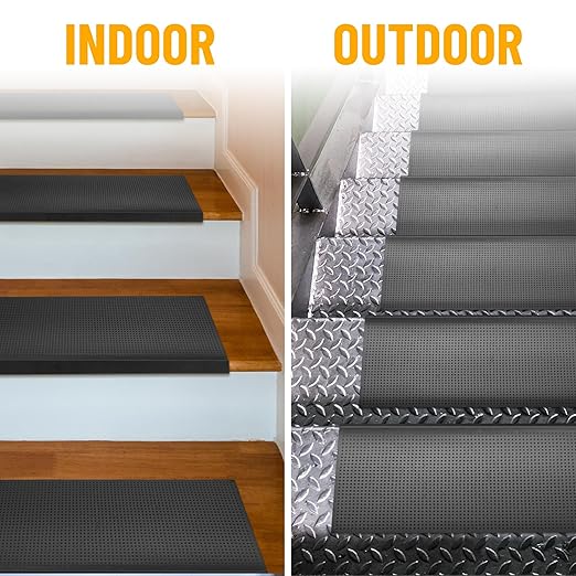 Ottomanson All-Weather Bullnose Rubber Stair Treads – Non-Slip Step Mats for Wooden, Concrete, or Outdoor Stairs, Easy Maintenance, Tool-Free Placement, Pack of 5, 10" x 30", Black Grip Dots