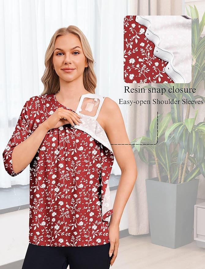 Deyeek Post Shoulder Surgery Shirt for Women Chemo Tear Away Shirt Snap Button 3/4 Sleeve Recovery Adaptive Clothing