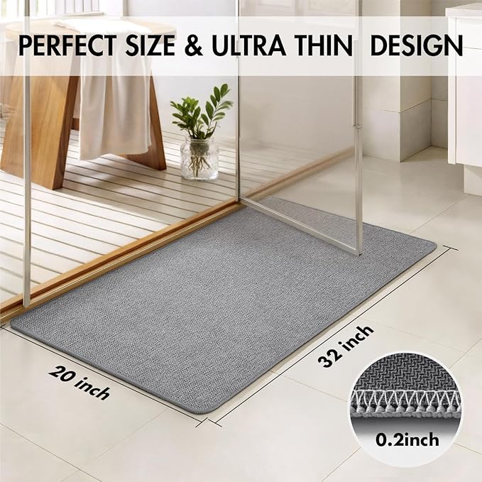MIULEE Set of 2 Ultra Thin Bathroom Rugs, Rubber Bath Mats for Bathroom Non Slip, Quick Dry Absorbent Bath Rug Machine Washable, Fit Under Door, Shower, Sink, Home Decor, Grey, 20x32 Inch