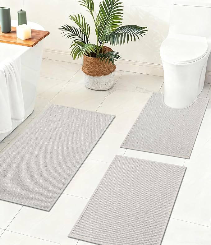 YIHOUSE Bathroom Rugs Mats Sets 3 Pieces Beige, Ultra Thin Bath Mat Absorbent Non Slip Bath Rugs for Bathroom Washable, Shower, Sink, Laundry (Beige, 3 Pieces)
