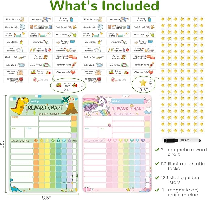 Magnetic Dry Erase Chore Chart for Two Kids, Reward Chart for Kids Behavior. Includes 52 Static Tasks, 126 Golden Stars and Dinosaur & Unicorn Magnetic Charts Each