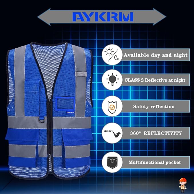 A-SAFETY High Visibility Mesh Safety Reflective Vest with Pockets and Zipper,Hi Viz Work Vest for Men Women (Blue Mesh XXXL)
