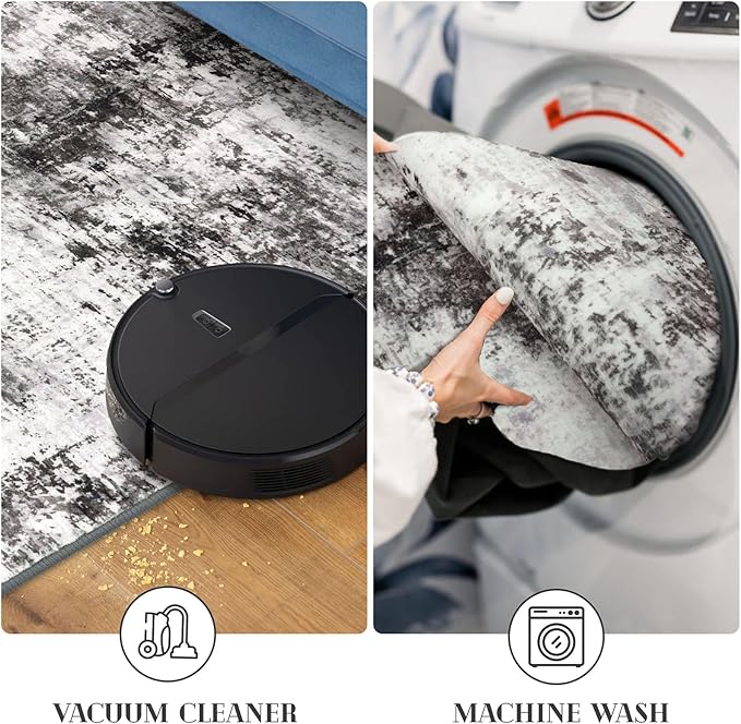 Modern Abstract Runner Rug 2x5, Grey Black Washable Kitchen Runner Entryway Rug Mat Non-Slip Soft Hallway Rug Runner Thin Print Faux Wool Carpet for Bedroom Laundry Room Indoor