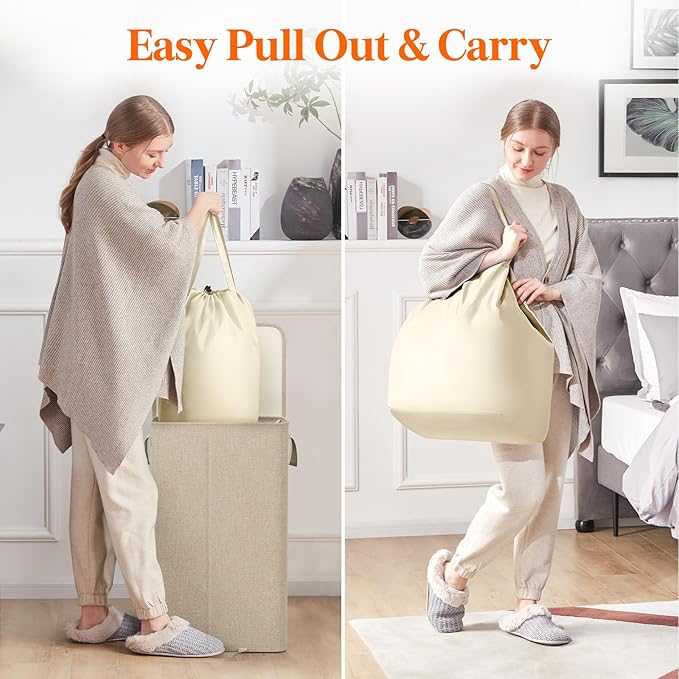 Lifewit Laundry Hamper with Lid and Removable Laundry Bag, Large Collapsible 1 Divider Dirty Clothes Basket with Handles for Bedroom, Laundry Room, Closet, Bathroom, College, 100L Beige
