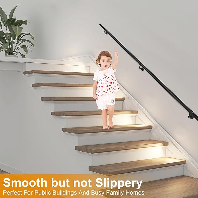 8Ft Industrial Metal Stairs Handrail Kit, Sturdy Wall Mount Aluminum Hand Rail, Indoor Outdoor Stair Railing Wood Concrete Brick Wall,1.5 in Round Pipe Grab Bar, Matte Black-8FT
