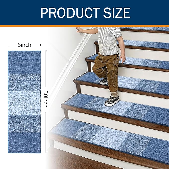 OLANLY Stair Treads Non Slip 15PCS, 8" x 30" Indoor Stair Runners for Wooden Steps, Edging Stair Rugs with Reusable Peel and Stick Adhesive for Kids Elders and Pets, Light Blue