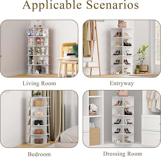 Wooden Rotating Shoe Rack, 5 Tier Spinning Shoe Rack Tower for Closet, Storage Organizer for Entryway, Bedroom, Living Room (Embossed White, 5 Tier)