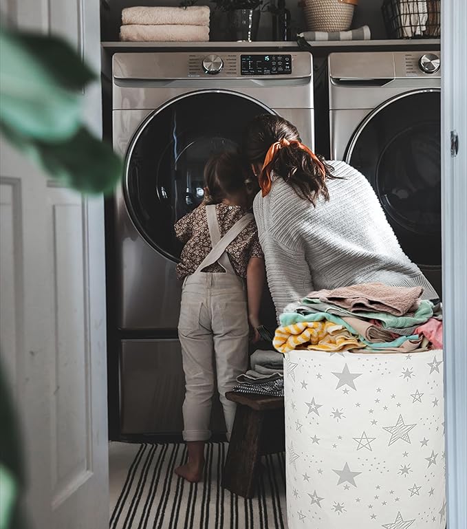 19.7 Inch Round Laundry Clothes Hamper Laundry Basket with Handles,Storage Organizer Bins Laundry Gift Basket for Room, Bedroom Decor (Grey Star)
