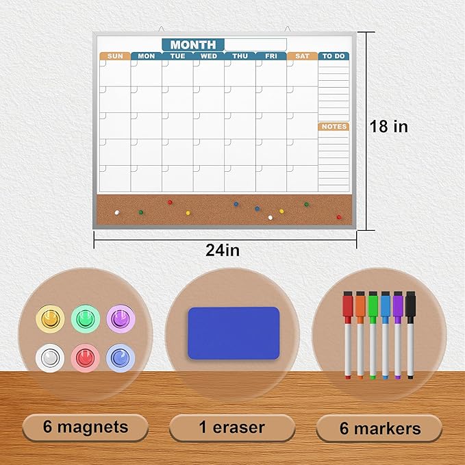 Monthly Calendar Dry Erase Board 24x18 Inch, Double-Sided Whiteboard and Corkboard Combo with Silver Aluminum Frame (Color Calendar), Wall Mounted Planner with Marker, Magnet, Push Pin, Eraser