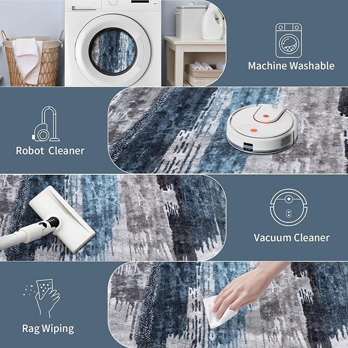 Ciicool 2'6''x14' Washable Runner Rug, Modern Abstract Hallway Rugs Runner, Non-Slip Thin Accent Rug Lightweight Navy Grey Print Distressed Carpet for Laundry Entryway Bedroom Kitchen Indoor