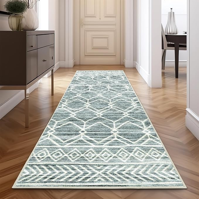 jinchan Moroccan Runner Rug 3x8 - Kitchen Machine Washable Runner Rug Modern Geometric Low-Pile Lightweight Non-Slip Carpet for Entryway Hallway Laundry Room Bedroom Bedside (3x8ft, Teal Blue)