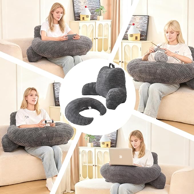 Back Pillow for Bed Sitting Up,U Shaped & Back Support Pillow for Bed,19" Backrest with Lumbar & Arm Support,Comfy Corduroy Fabric,Lap Pillow for Gaming/Reading/Watching TV,Gray