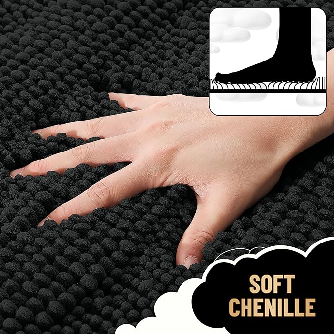 OLANLY Thick Bathroom Rugs 36x24, Extra Soft Absorbent Chenille Striped Bath Rugs, Rubber Backing, Machine Wash Dry, Bath Mats for Bathroom Floor, Tub and Shower, Home Decor Accessories, Black