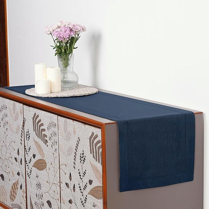 D'Moksha Homes Linen Navy Blue Table Runner 108 Inches Long - 100% Pure Linen 14 x 108 Inch Table Runner for Easter - Classic Hemstitch