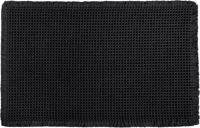 Hiasan Waffle Bath Mat, Super Absorbent Non Slip Bathroom Boho Rug with Tassels, Machine Washable Bath Mats for Bathroom, Ultra Soft Rubber Backed Rug, Black, 16 x 24 Inches