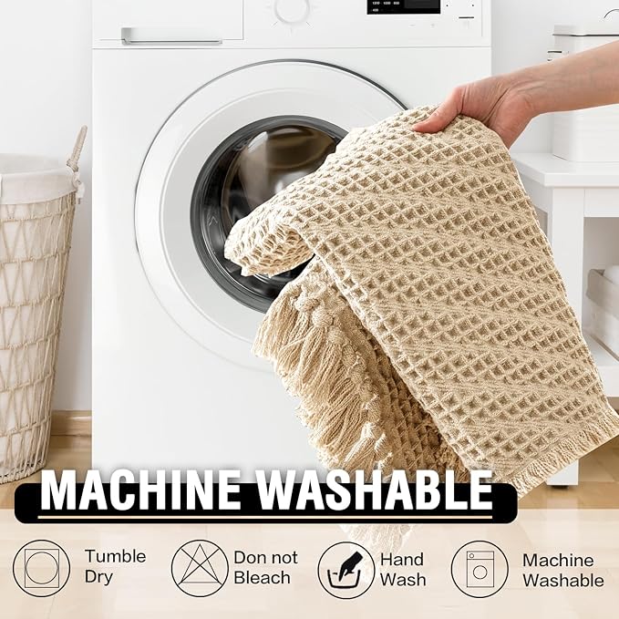 H.VERSAILTEX Waffle Bath Mat Super Absorbent Boho Bath Mat Non Slip Bath Rugs for Bathroom Floor Machine Washable Dry Fast Bathroom Rugs with Tassels, 24" x 36", Sand