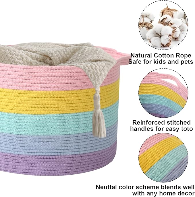 Large Storage Basket with Handle,19.7" L x 19.7" W x 13" H Blanket Basket Storage Bins for Organizing,65L Cotton Rope Woven Baskets for Living Room, Nursery ,Bedroom,Colorful